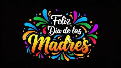 Obraz premium Vibrant 'Happy Mother's Day' Spanish text with colorful swirling decorations on a black background, celebrating mothers.