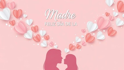 A heartwarming illustration for Mother's Day featuring paper hearts in pink and white floating above silhouettes of a mother and child on a soft pink background.