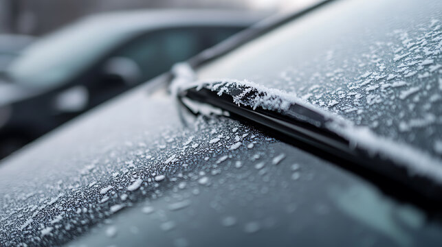 Winter's touch on a vehicle's windshield, where delicate frost crystals adorn the glass and wiper. The frosty scene evokes a sense of cold weather and the need to defrost before driving. - Powered by Adobe