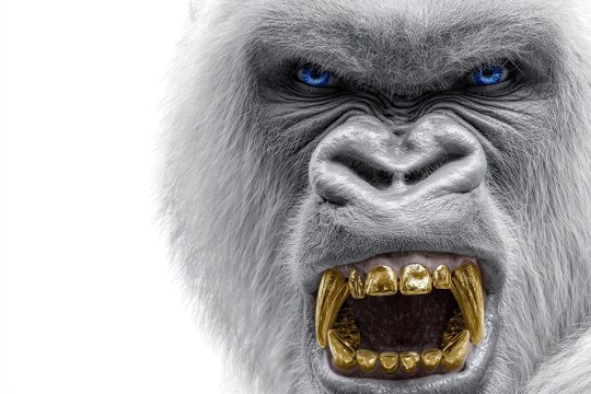 Retrato de un gorila con dientes dorados y mirada intensa.