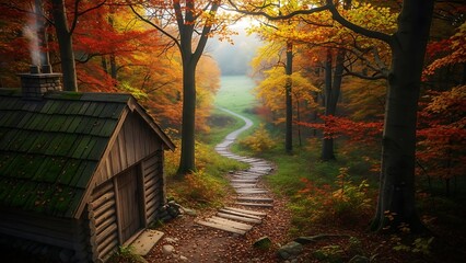 Cozy wooden cabin in autumn forest with winding path beckoning
