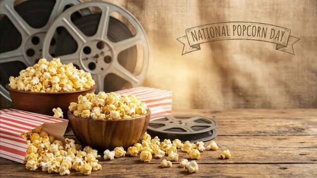 Golden popcorn in rustic bowls and classic striped boxes. Vintage film reels in a warm, softly lit background evoke nostalgic movie nights and home entertainment. This inviting still life captures com