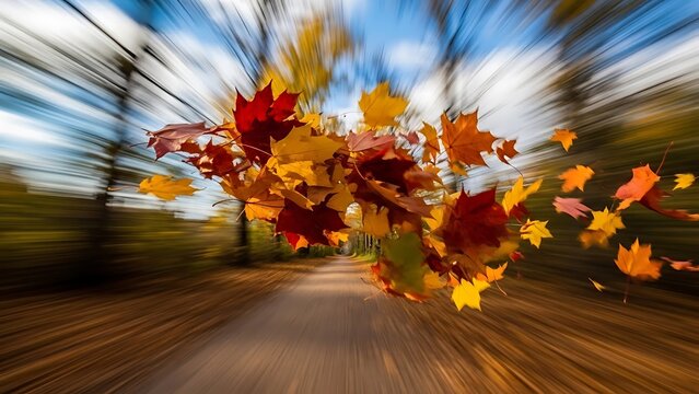 Autumn leaves with zoom blur motion in the forest road - Powered by Adobe