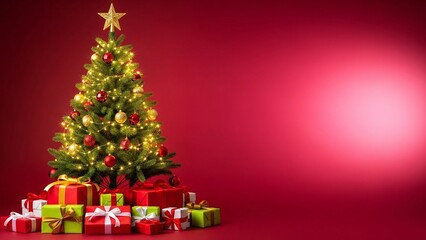 Festive christmas tree with presents on vibrant red background