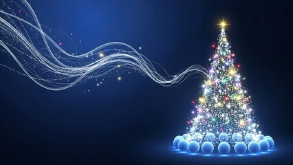 Sparkling christmas tree with glowing balls and light trail