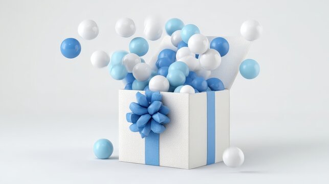 Caja de regalo con una explosi&oacute;n de bolas blancas y azules.