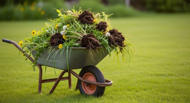 A wheelbarrow full of freshly pulled weeds sits on a vibrant green lawn for a gardening and outdoor maintenance concept