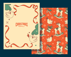 A vertical Christmas card template with an elegant ribbon frame and copy space for your personal greetings.