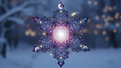 Stunning mystical snowflake design glowing with cosmic energy against a soft winter bokeh background for holiday magic