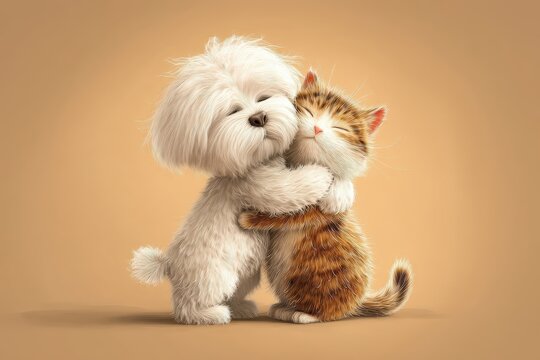 Un adorable cachorro blanco y un gatito naranja se abrazan con ternura sobre un fondo marr&oacute;n.