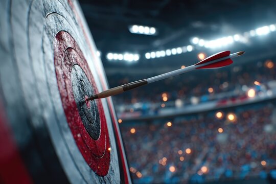 Una flecha impacta en el centro de una diana, con un estadio lleno de gente difuminado en el fondo.