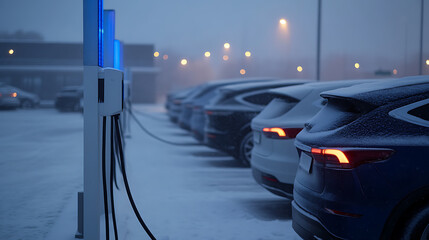 Cars are parked at the charging station on a snowy day, showcasing the infrastructure supporting electric vehicles and promoting sustainable transportation options.