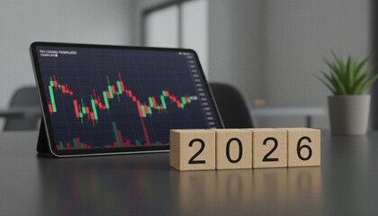 Corporate setup with a tablet screen displaying a stock chart and wooden blocks placed in the centre