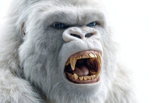 Un gorila blanco con dientes de oro, mostrando una expresi&oacute;n amenazante.