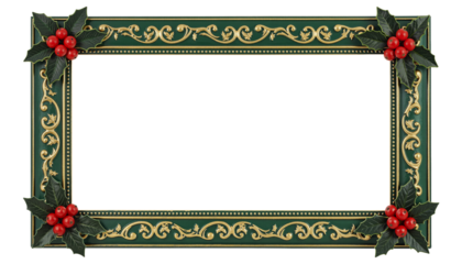 Elegant Christmas Holly Frame with Gold Ornaments on Transparent Background