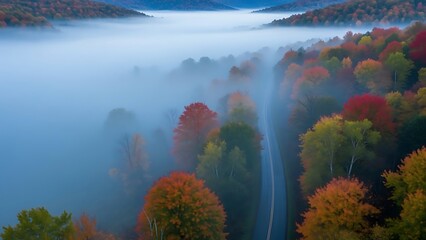 Foggy autumn morning with colorful forest and winding road