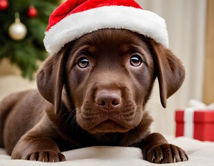 a chocolate labrador puppy wearing a santa hat