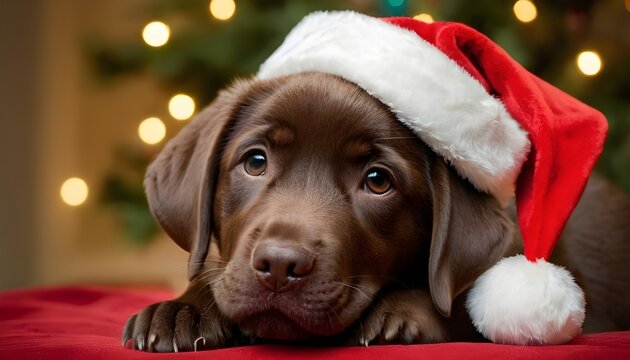a chocolate labrador puppy wearing a santa hat - Powered by Adobe