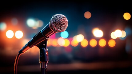 Obraz premium A silver microphone stands ready on stage illuminated by blurred lights