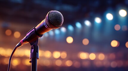 A single microphone stands on stage with blurred lights in the background