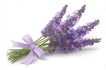 Un ramo de lavanda atado con una cinta morada, sobre un fondo blanco.