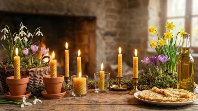 This inviting scene captures a rustic wooden table adorned with an array of glowing beeswax candles, casting a warm, soft light. Vibrant spring flowers, including delicate white snowdrops, cheerful ye