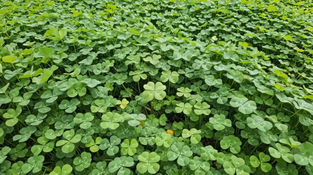 Four Leaf Clover Field Shimmers in the Wind on Sunny Day