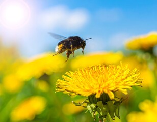 A fuzzy bee flies toward a bright yellow dandelion, in a sun-drenched, blue-sky setting