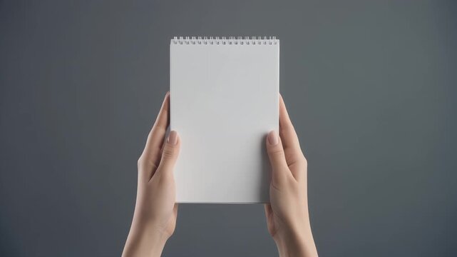 Woman Holding White Notebook with Spiral Binding on Gray Background