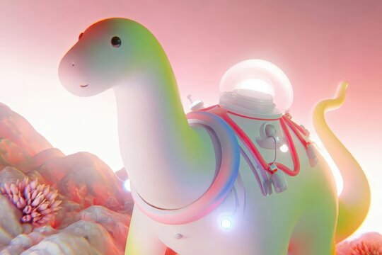 Un dinosaurio con un traje espacial en un paisaje alien&iacute;gena.