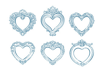 Victorian heart frame in hand-drawn style set, Whimsical drawing valentine vintage heart frames, Romantic element for invitations, greeting cards, scrapbooking, decorative etc.