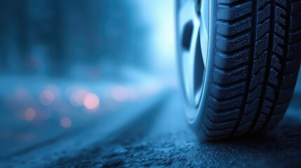 Una rueda de coche con neumáticos de invierno deja una huella en una carretera cubierta de nieve bajo la luz tenue de las farolas.