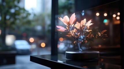 Holographic plant display showcasing future technology and sustainable urban innovation.