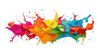 Dynamic explosion of vibrant rainbow paint splashes creates stunning abstract energy against clean white background