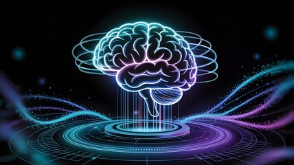 Futuristic glowing digital brain with neural network connections and data streams on a dark background