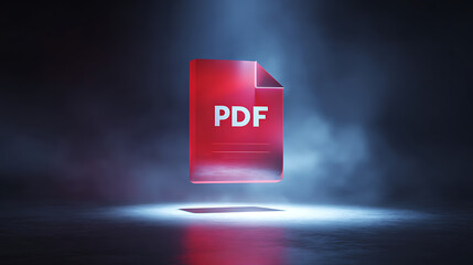 Abstract red file symbol hovering over a dark, misty surface, emphasized by a bright spotlight. The symbol showcases the acronym in white lettering. It creates a futuristic mood.