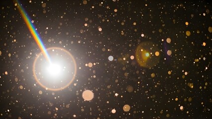 Cinematic Rainbow Lens Flare with Floating Golden Dust Particles. Abstract Prism Light Beam with Bokeh and Glitter Overlay