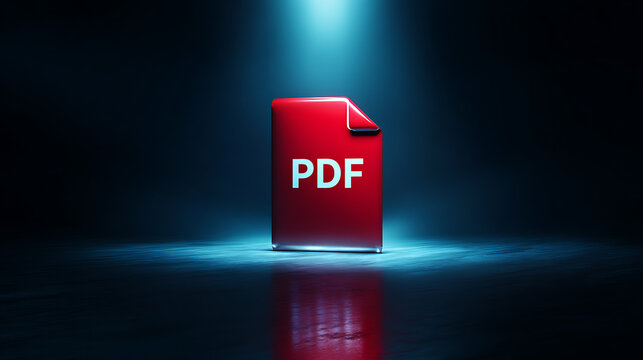 A vivid 3D render highlights a red PDF file icon, gleaming under a spotlight, its reflection mirrored on a sleek surface, creating a sharp contrast against the dark.