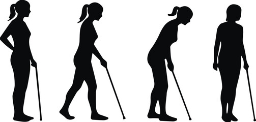 Obraz premium Mobility support silhouette collection showing people walking with canes, disability aid poses, rehabilitation walking figures, healthcare mobility icons and support illustrations