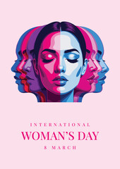 Vibrant International Women's Day graphic featuring layered pop art female profiles celebrating equality