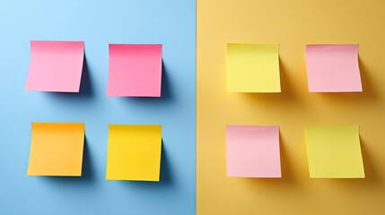 Fototapeta premium Colorful Sticky Notes on Blue and Yellow Background, Perfect for Office, Organization, Notes, Reminders, or Creative Projects, Capture Creativity and Productivity