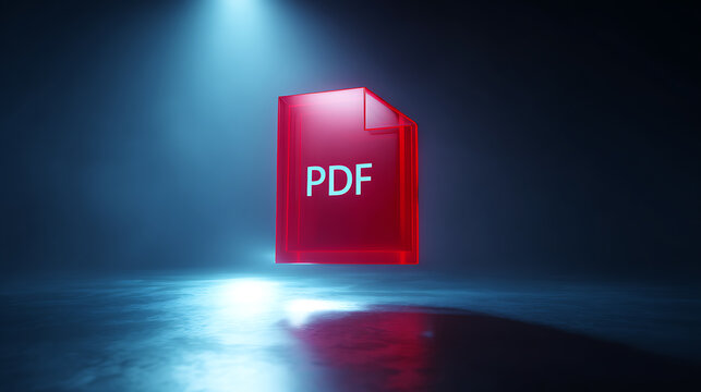 A red icon for PDF is illuminated on a blue gradient backdrop. The translucent image creates a sleek, modern visual, perfect for tech and file-sharing themes. #digital