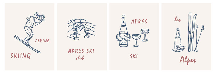 Naklejka na ściany i meble Hand drawn retro apres ski posters set