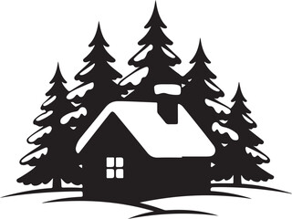 Obraz premium Black silhouette of a snow covered cabin and pine trees