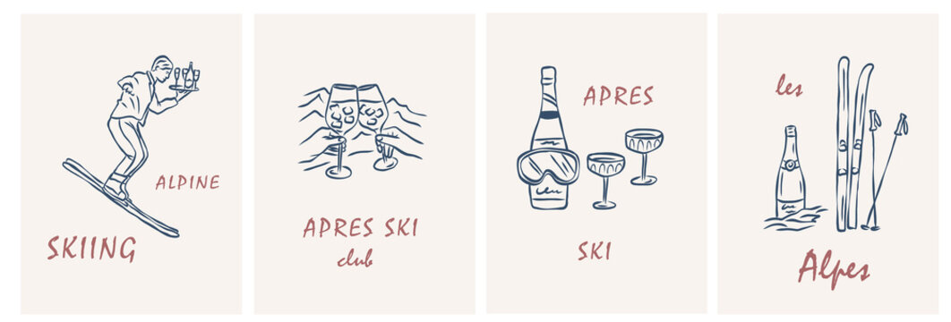 Hand drawn retro apres ski posters set