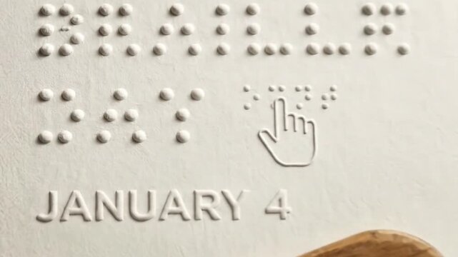 This video offers a dynamic, minimalist close-up of a textured white surface, featuring embossed Braille dots and clear, raised text spelling "BRAILLE" and "JANUARY 4." A sleek, animated outline of a 