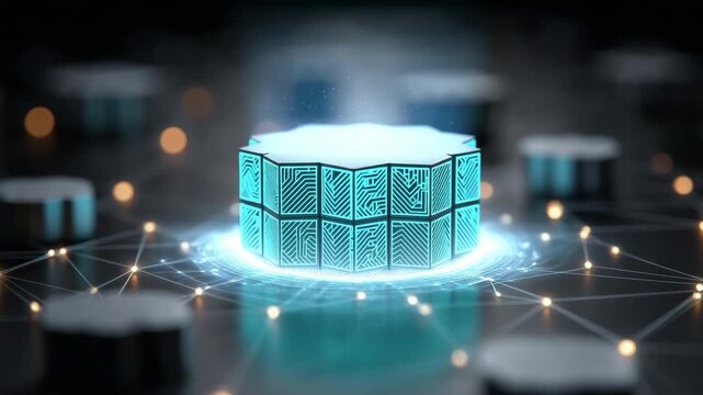 A graphic representation of a centralised data storage facility encircled by network nodes, signifying data management and cloud computing