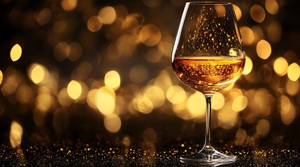 A crystal glass of golden liquid with soft bokeh background. This image exudes elegance and sophistication