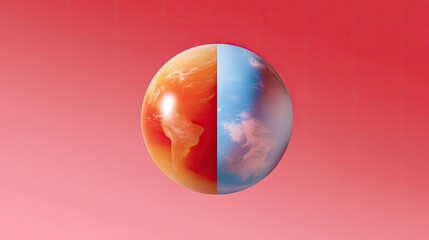 Half Red Planet and Half Blue Planet in Abstract Artistic Style on Pink Background Representing Balance Between Elements of Earth and Sky