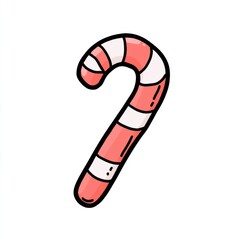A colorful, cartoonish candy cane with red and white stripes, festive holiday spirit and sweetness, Christmas doodled cliparts on white background